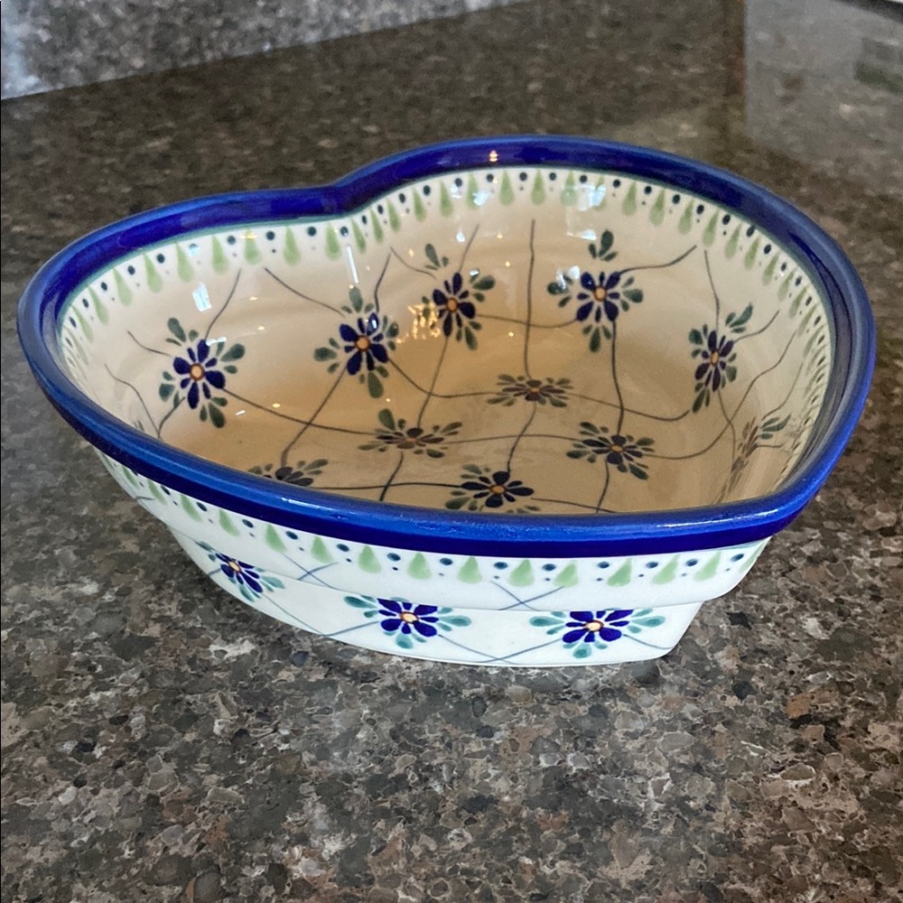 Heart-Shaped Ceramic Bowl with Blue Floral Design